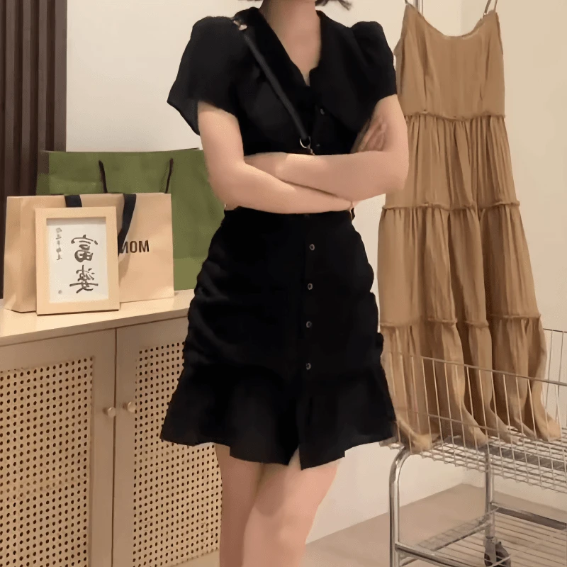 法式赫本风气质黑色v领连衣裙子女夏季2025新爆款小个子收腰短裙