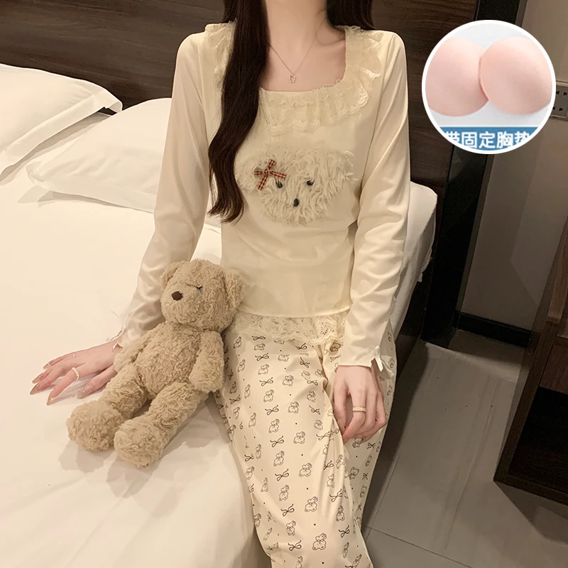 法式睡衣女春秋长袖带胸垫可爱ins风少女外穿冬夏季人造棉家居服