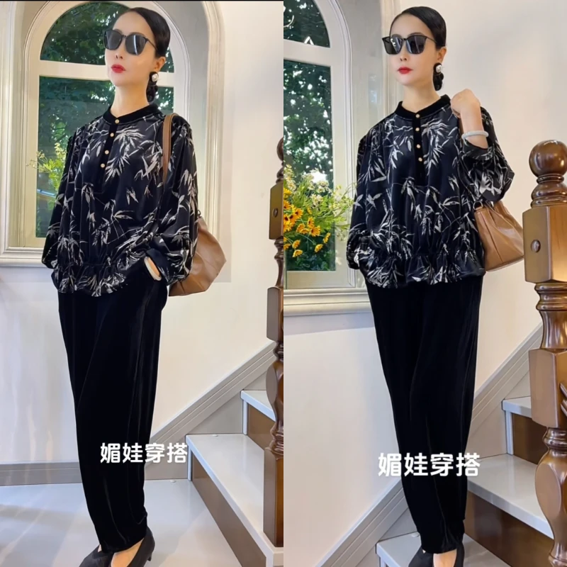 80145高档阔太太丝绒烫金竹叶T恤秋季大码上衣哈伦小脚裤两件套