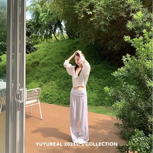 韩系设计感小众V领薄款衬衫上衣防晒衣高腰直筒长裤时尚短裤套装