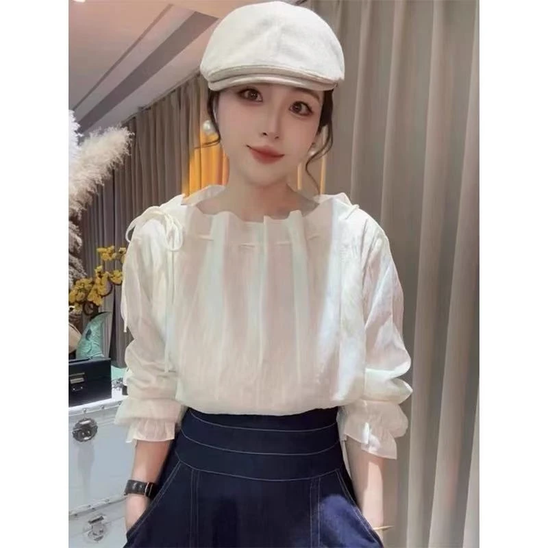 春季长袖衬衫女2025年新款时尚气质休闲设计感一字肩上衣5189