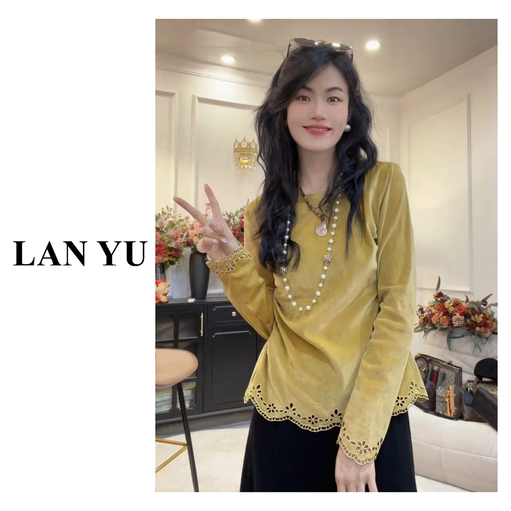 【丁香】2025秋冬季高级感手工烧花绒面轻奢T恤大码女装打底衫