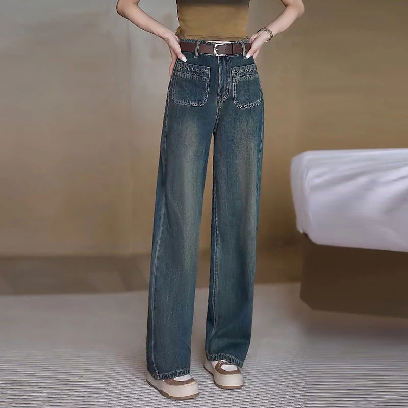 新款高腰显瘦夏季阔腿牛仔裤女小个子宽松直筒裤百搭蓝色时尚