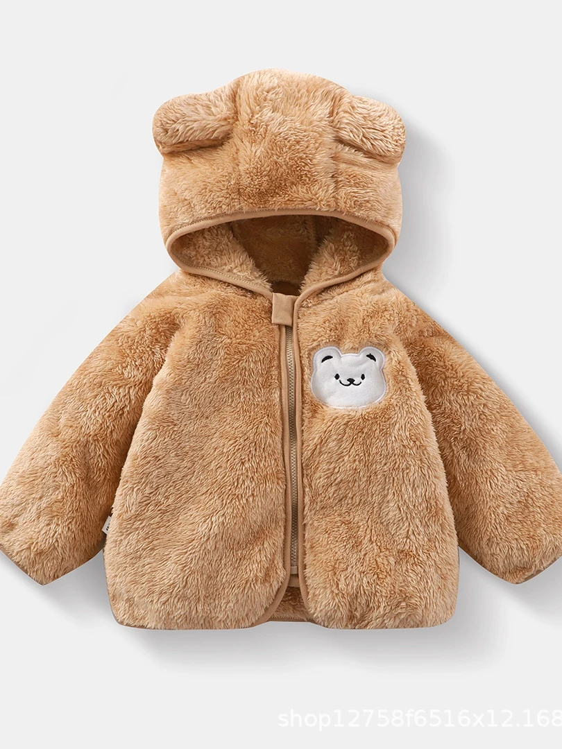 儿童毛绒上衣秋冬季男女童保暖加绒连帽外套宝宝法兰绒家居服外套