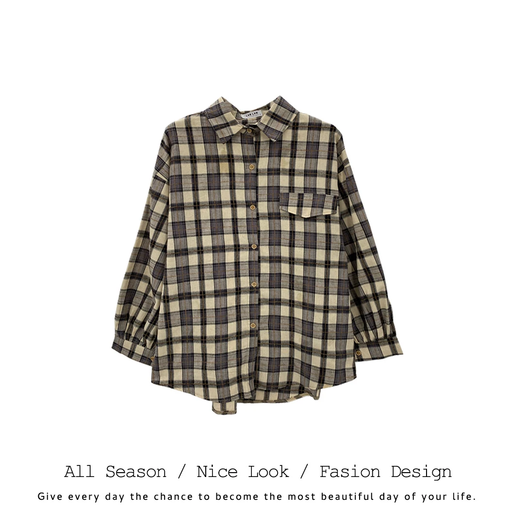 671   长袖衬衫女款春秋美式格子翻领衬衣休闲外套#22832