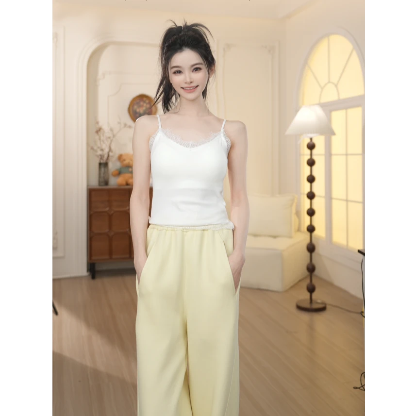 Basic House/百家好春夏新款纯色蕾丝边背心吊带