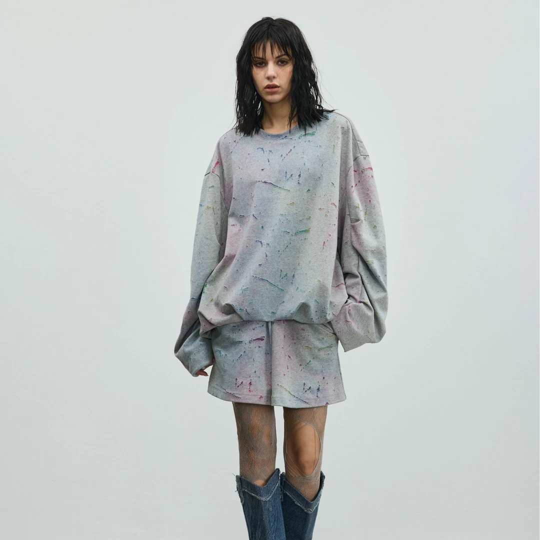 GGAHOLIDAY时尚休闲破洞宽松型扎染潮流长袖卫衣短裙套装154144/5