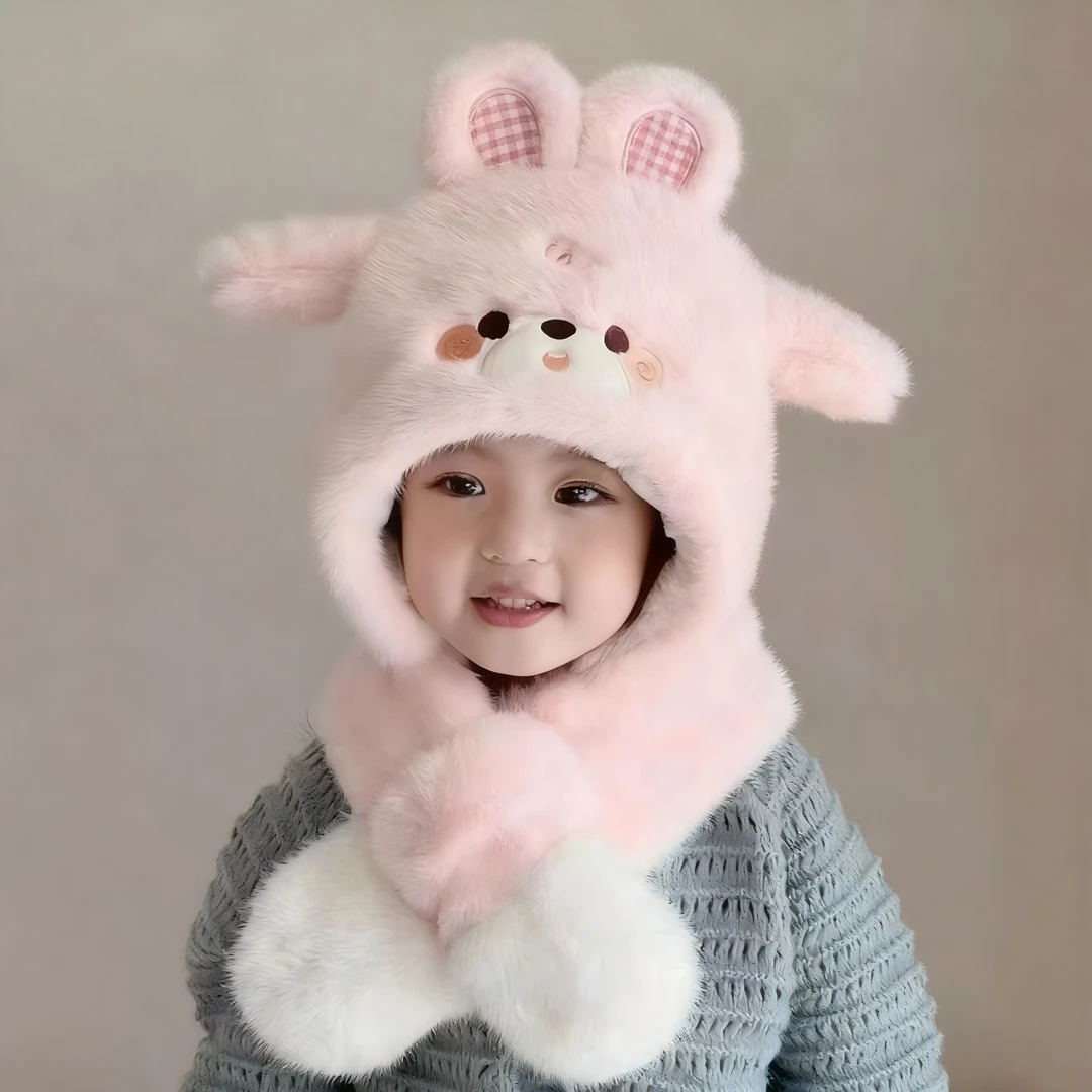 儿童帽子围脖一体秋冬季毛绒帽护耳帽会动的耳朵男童女童加绒加厚