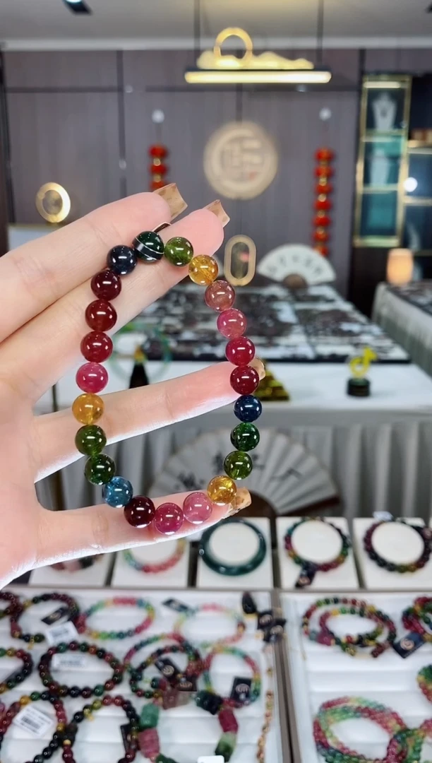 老矿碧玺色标彩虹透体单圈手串8mm+未镶嵌碧玺dan多样性发货一条