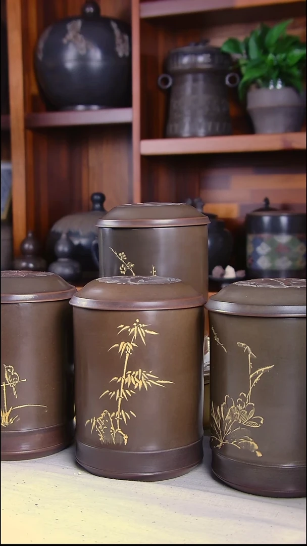坭兴陶竹节清香罐梅兰竹菊四件套