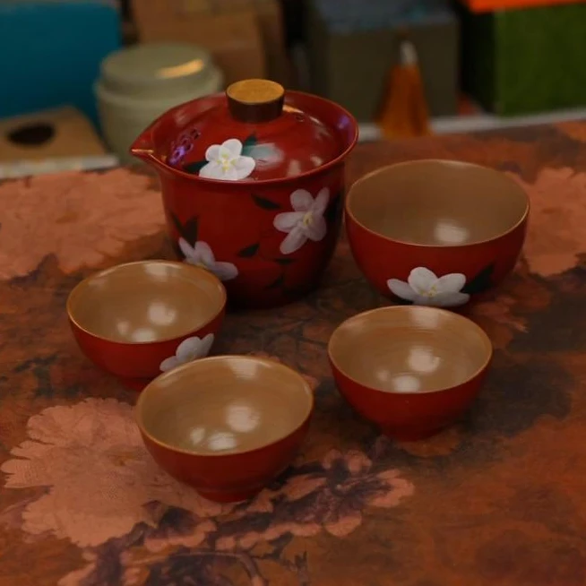 山楂红手绘山茶花泡茶壶快客杯 A13931