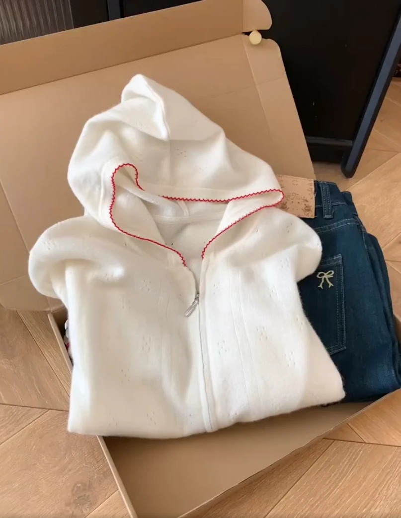 韩系时尚设计感撞色连帽针织开衫女秋冬小众气质宽松百搭外套上衣