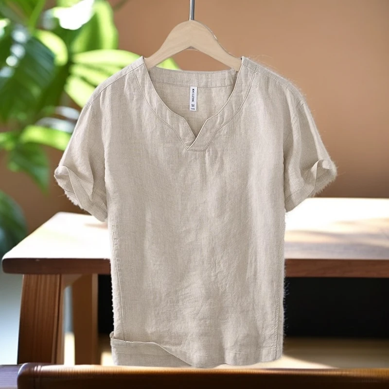 维斯克纳休闲亚麻纯色V领短袖T恤男装简洁百搭麻面料薄款立领体恤