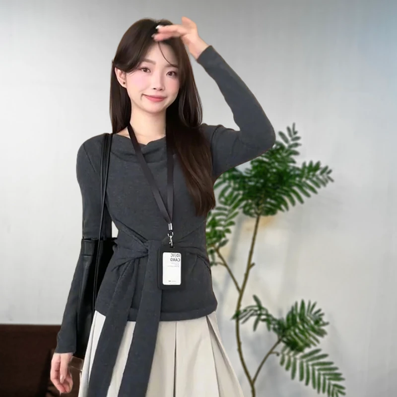 25女早秋新慵懒风荡领一字肩收腰长袖针织衫修身显瘦打底上衣