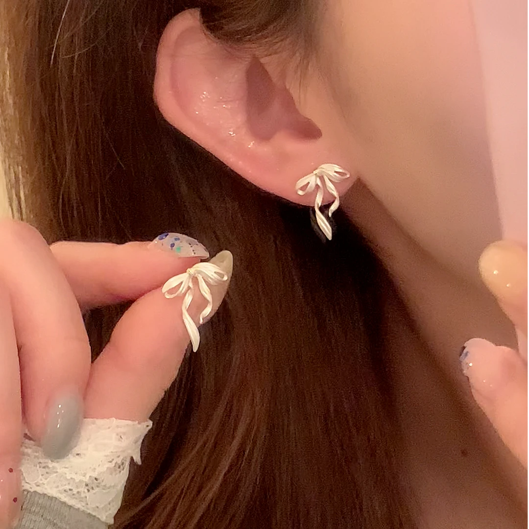 铜合金锆石耳饰 春夏百搭韩系蝴蝶结飘带耳环女气质小众耳针耳饰