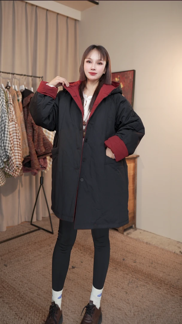 【木森】【勿言】冬季新款黑红双面穿连帽棉服女款上衣外套S258