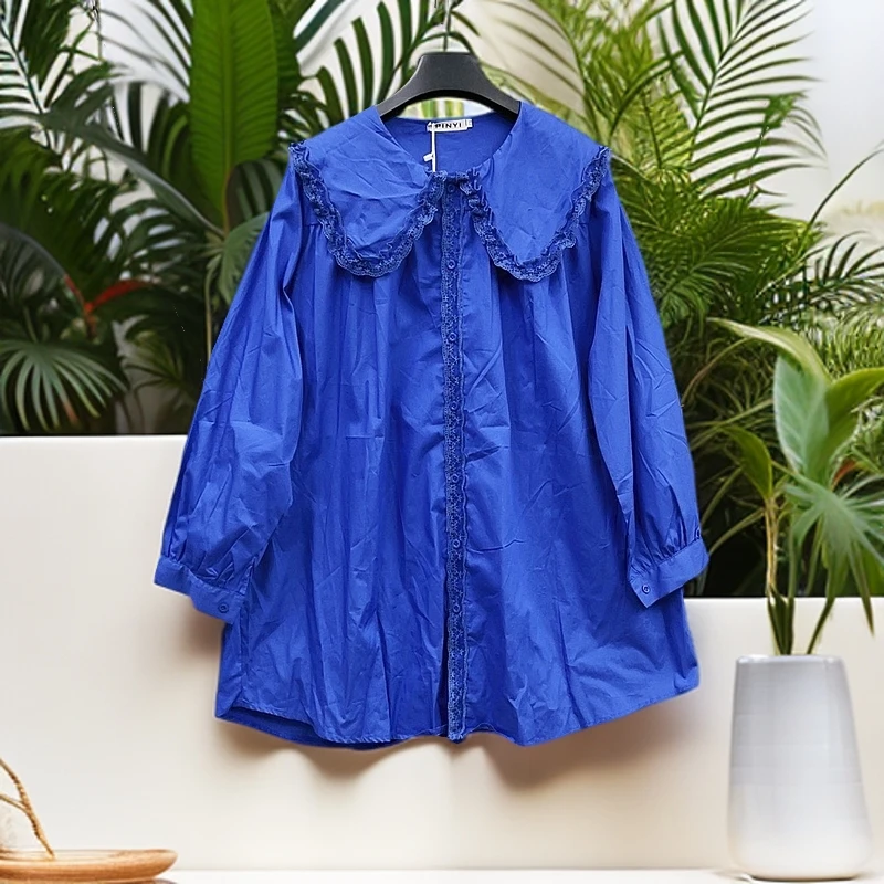 170-210斤 胸围135衣长80 甜美中长娃娃领衬衫