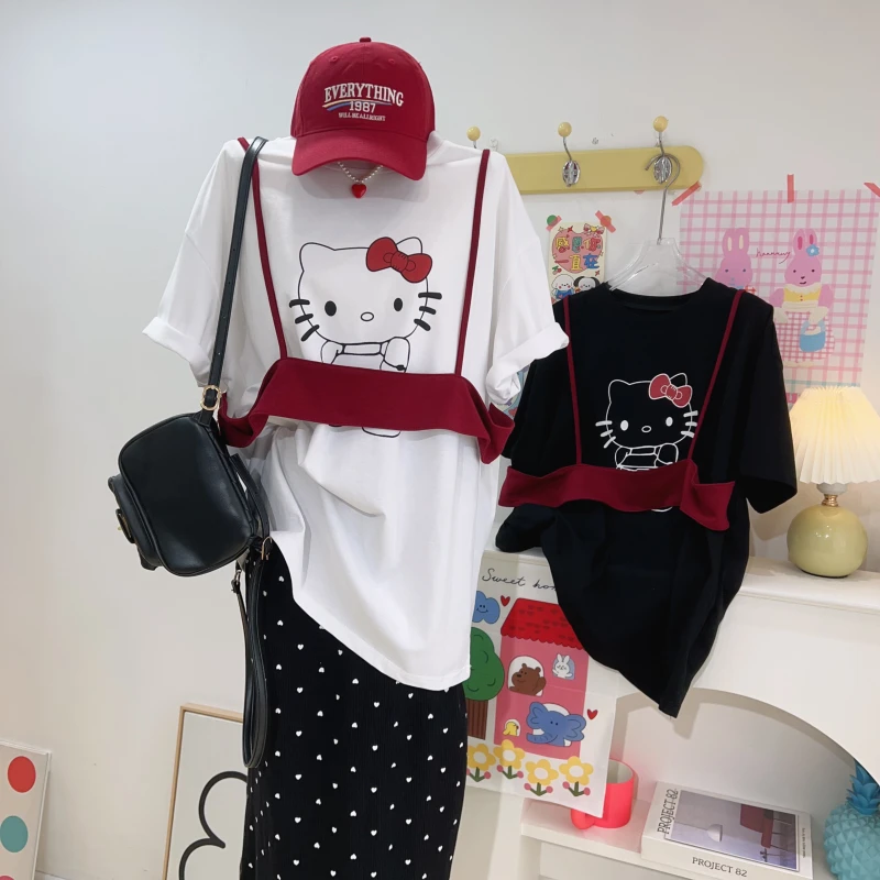 【钱呼呼】清版~新款小众韩系设计假两件吊带设计猫咪印花T恤女
