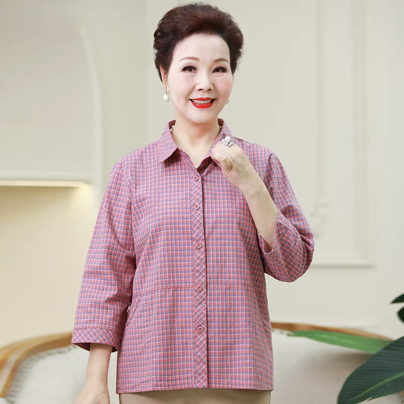 纯棉妈妈格子衬衫七分袖宽松大码中老年女装全棉中袖衬衣T恤上衣