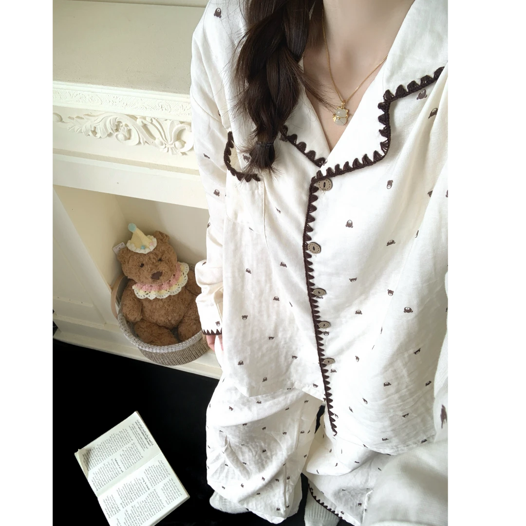 韩系甜美卡通熊睡衣女套装2025新款春秋长袖长裤花边家居服可外穿