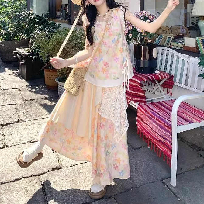 度假风高腰短袖田园风时尚套装夏季中国风法式套装女装碎花连衣裙