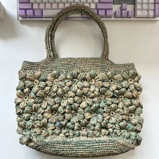 QIU LI・【拉菲草】手工编织拉菲草复古文艺立体花朵手提包 1c917