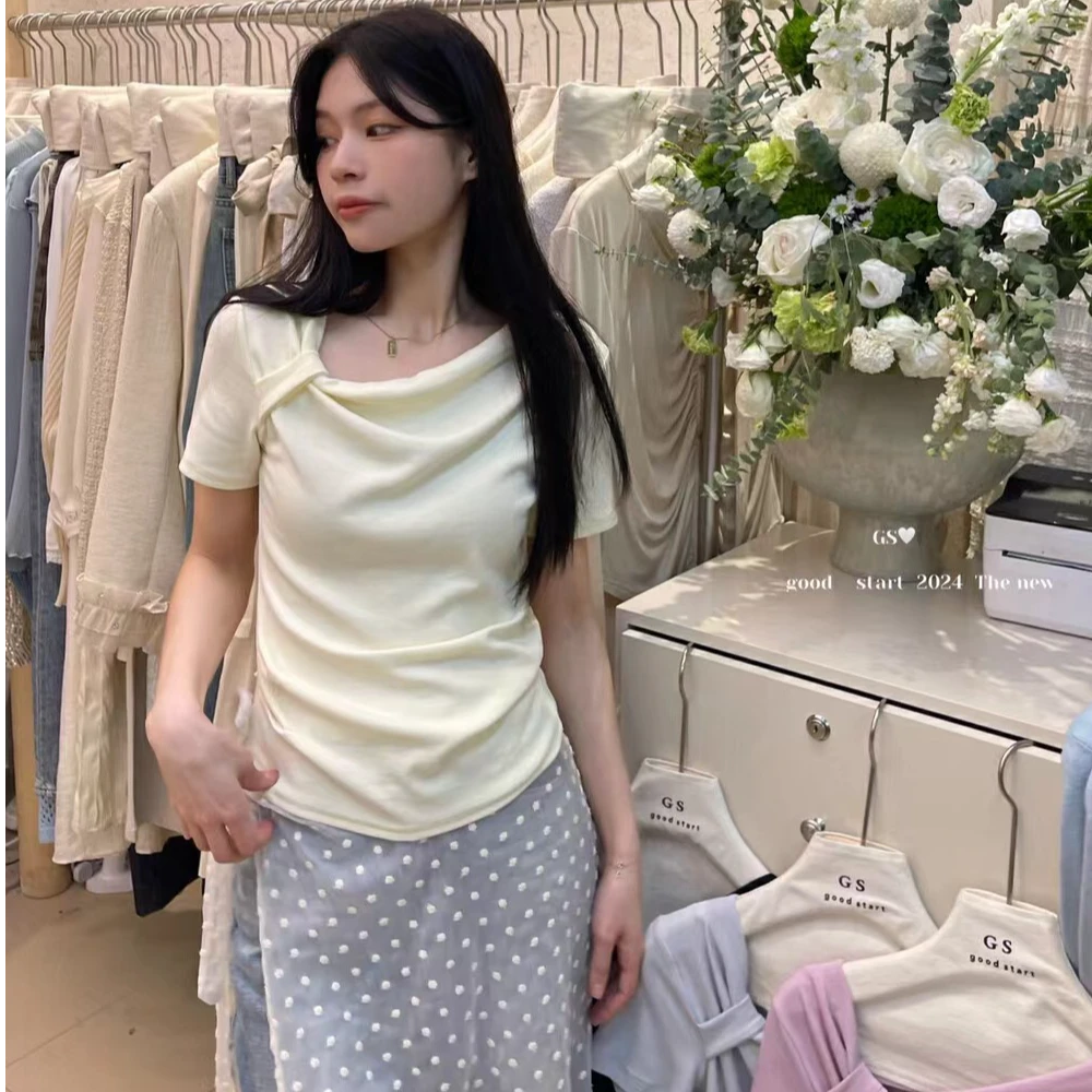 G1216设计感蝴蝶结褶皱短袖针织衫韩系显瘦不规则上衣