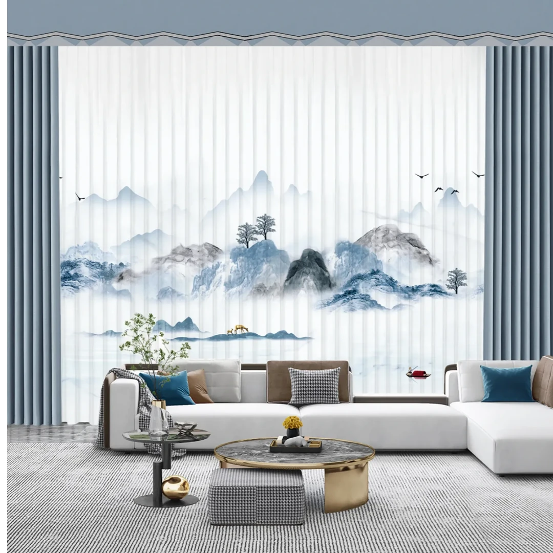 新中式风景水墨山水画窗纱（皇冠纱）透光不透人窗纱