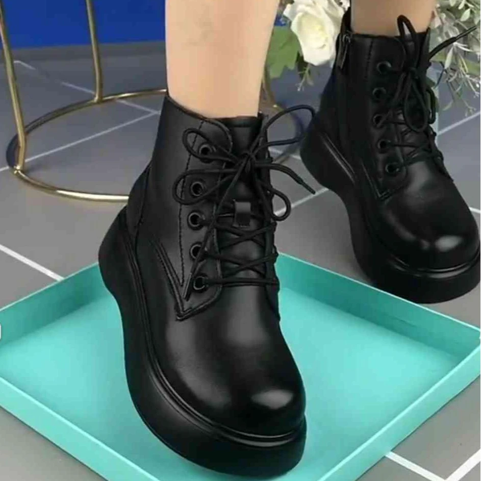 （有运费险）女鞋牛皮瘦瘦靴保暖女圆头厚底秋冬马丁靴靴子休闲
