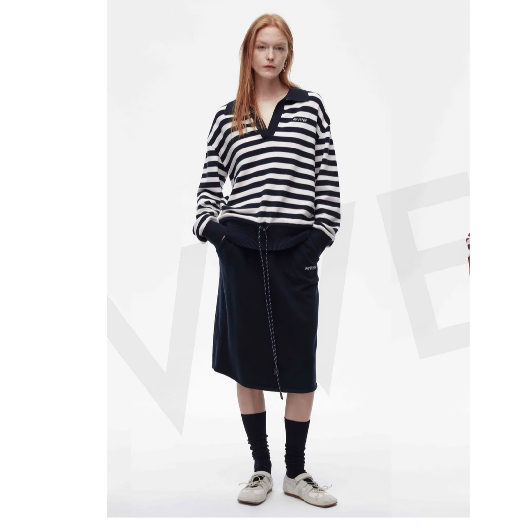 avvenn2025春季新品针织条纹套装黑色休闲宽松