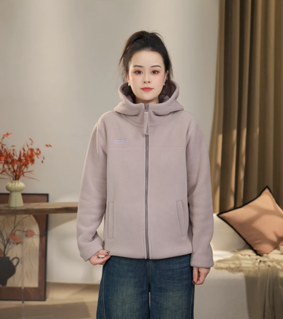 【沐沐】冬季新款保暖舒适休闲百搭双面绒加绒加厚防风连帽开衫外套