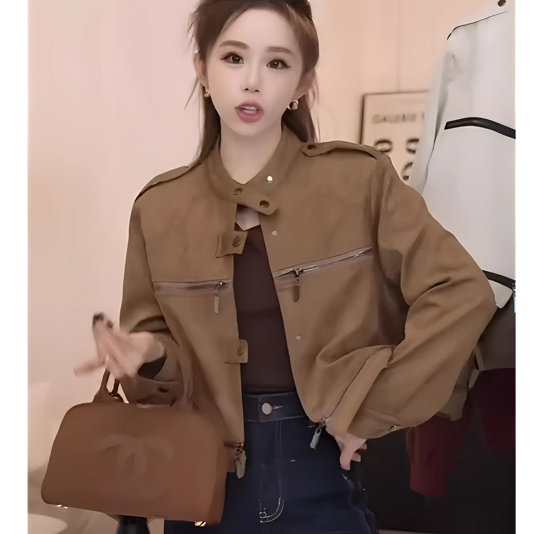 早春轻奢新款横拉链立领小众短外套高级感夹克皮衣时尚百搭宽松