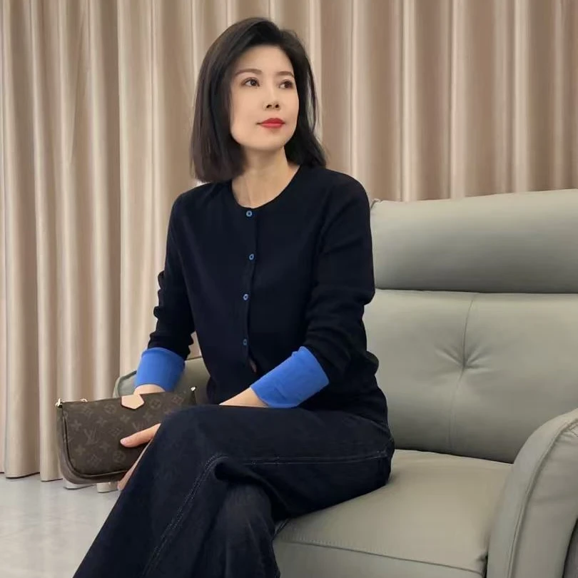 JY25春季新款时尚气质休闲百搭袖口拼色开衫长袖毛针织衫