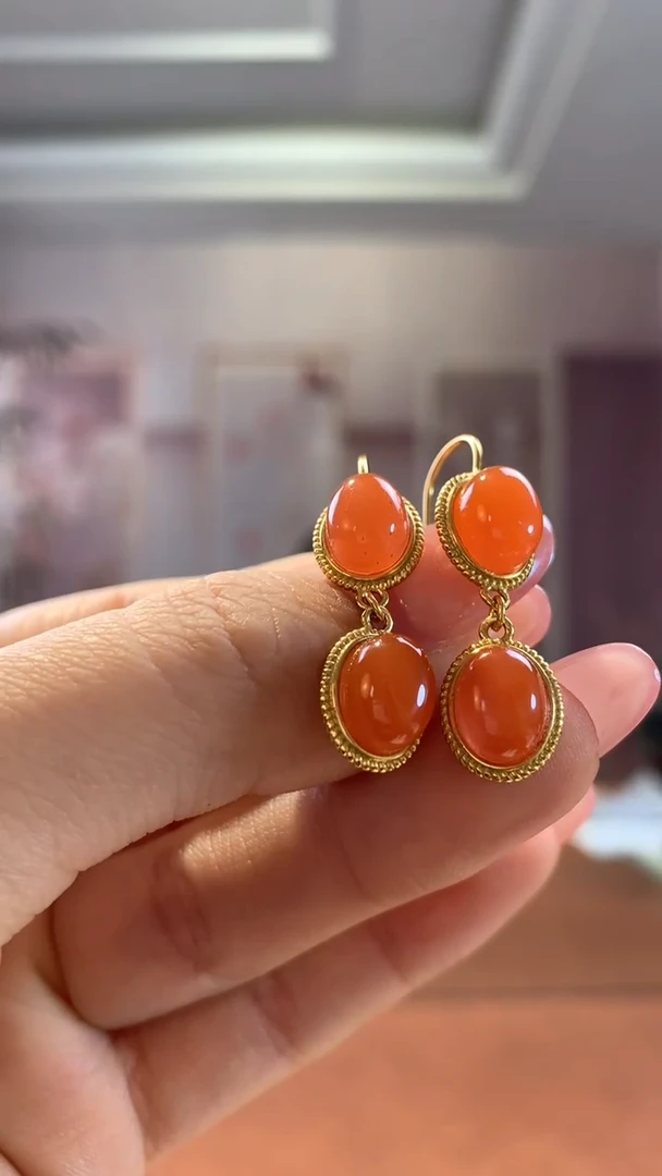 【闪购商品】玛瑙/玉髓耳坠银S925镶嵌南红耳坠一对