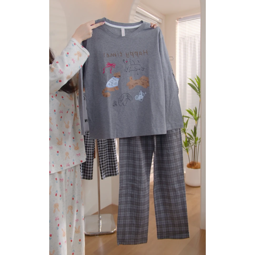 卡之恋纯棉睡衣宽松家居服潮牌高级灰长袖长裤裤套装【四季通穿】