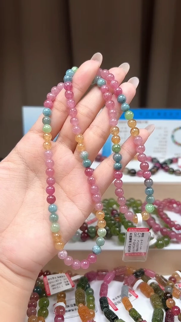 未镶嵌手链碧玺6mm艳丽马卡龙色高阶荧光体碧玺三圈多样性发一