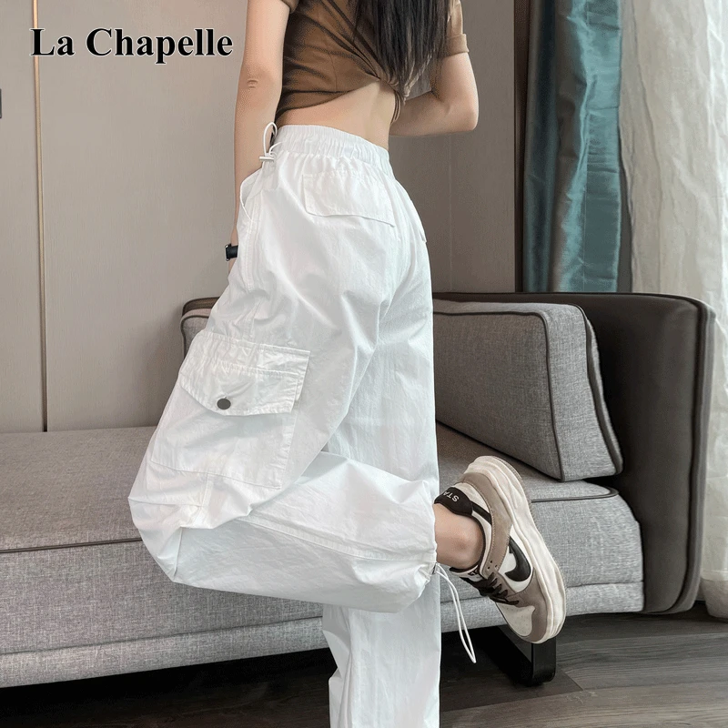 拉夏贝尔2025夏季薄款工装裤女白色高腰阔腿休闲百搭运动束脚裤子