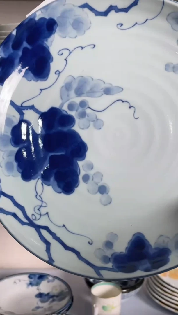 瓷片蓝染葡萄8.9英寸异形浅盘 微瑕