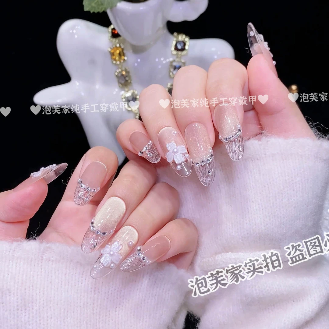 【冰花琉璃】纯手工高定猫眼手工穿戴甲气质美甲百搭仙女款可拆卸