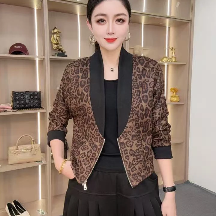 【众帆女装2】8508长袖短款女拉链豹纹秋季短外套休闲花色百搭上衣