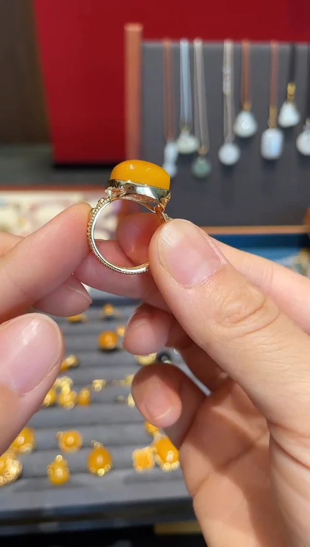 裸石蜜蜡银S925镀金镶嵌戒指