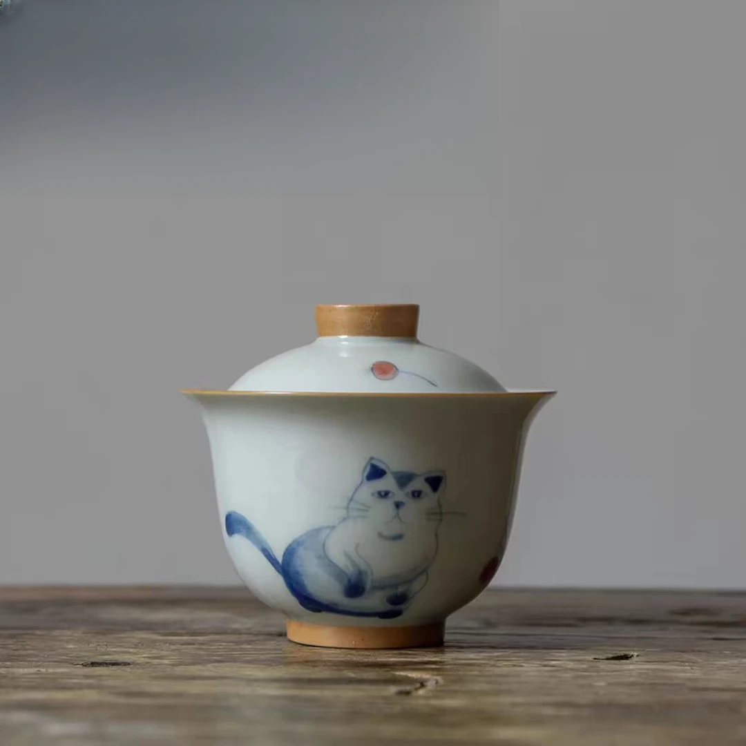 仿古手绘青花二才盖碗樱桃猫生动灵气单个高档家用不烫手陶瓷茶具