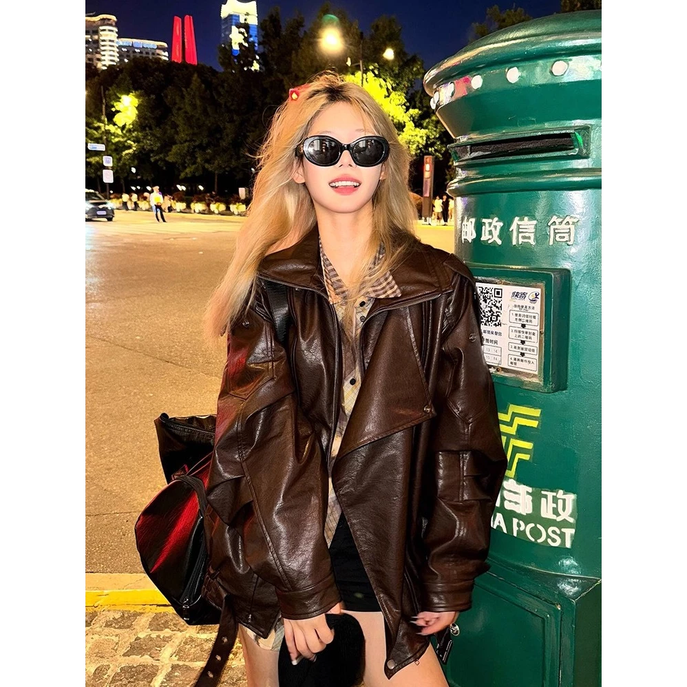 2025秋冬新款美式复古皮衣外套女设计感pu机车夹克宽松痞帅上衣
