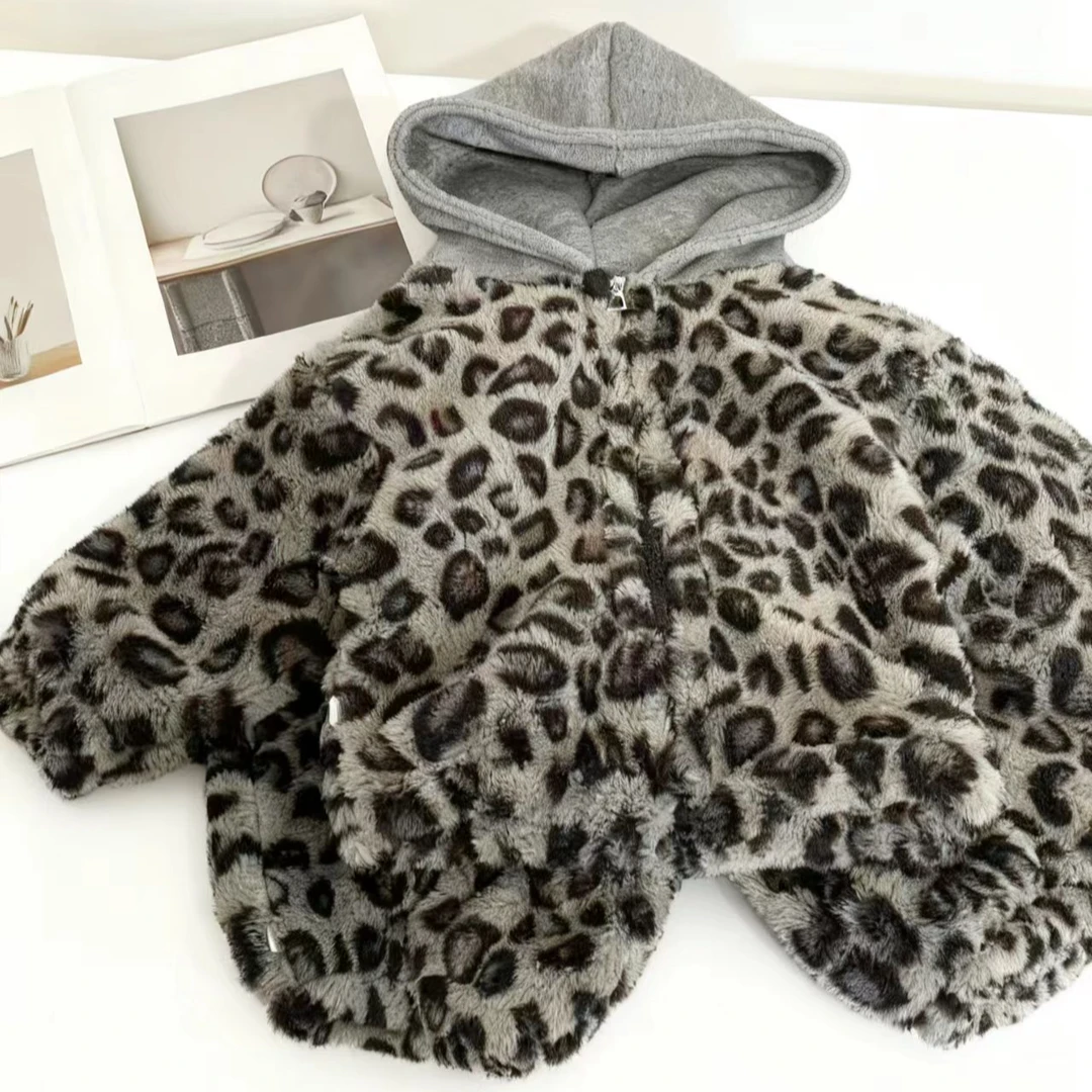 加绒2025新款珊瑚绒豹纹连帽男女童套装洋气休闲韩版儿童