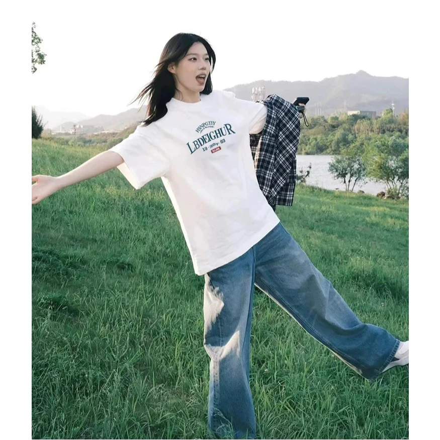 HSNP纯棉2025新款白色短袖t恤女美式复古夏季宽松半袖上衣体恤潮