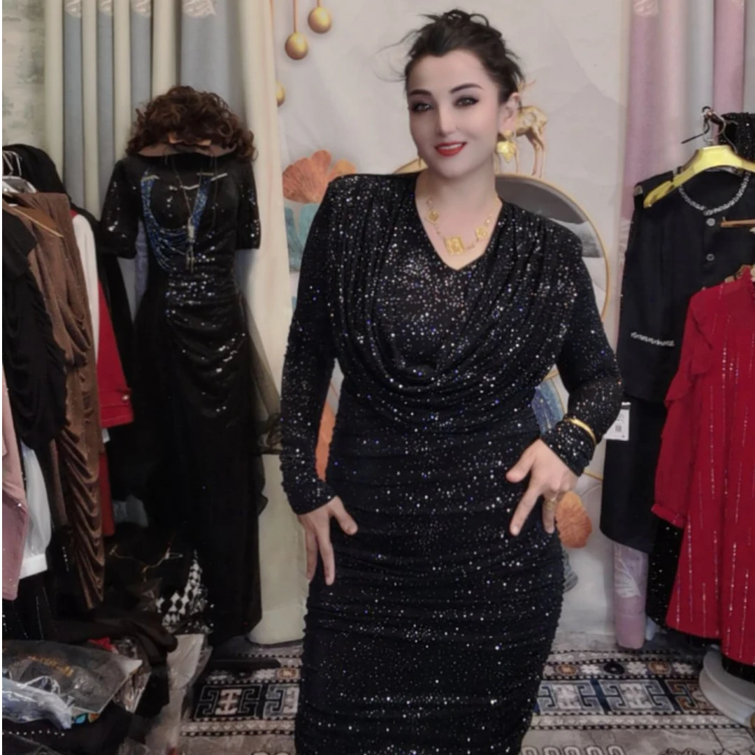 吸汗V领秋季黑色加绒包臀连衣裙黑色蕾丝百搭打底ins