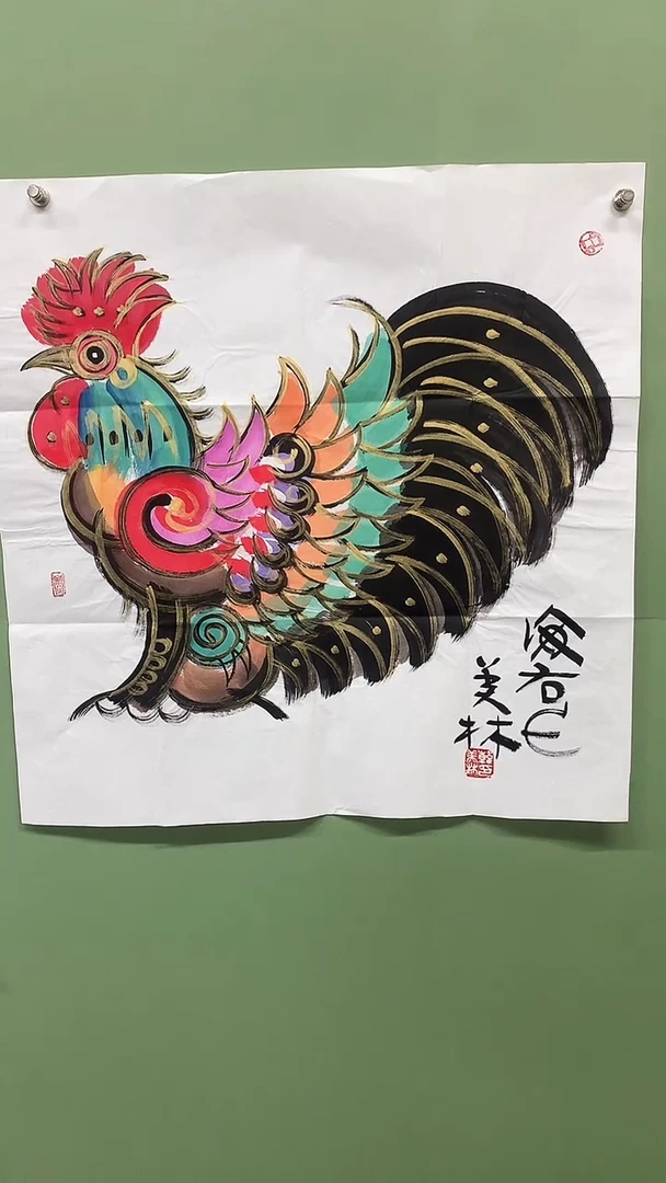 竖款精品四尺斗方，公鸡