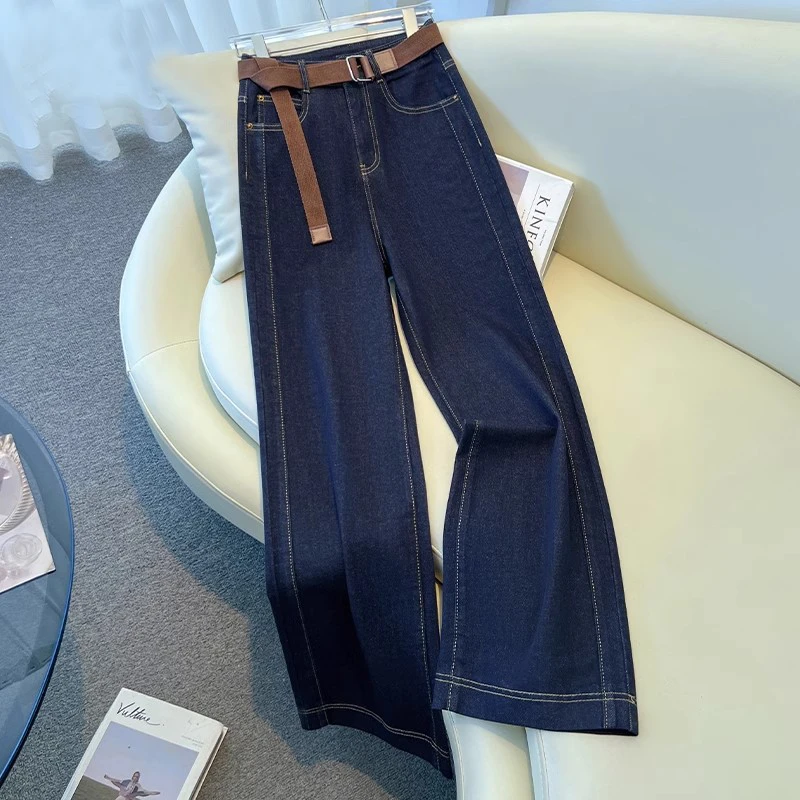 拉夏贝尔时尚丹宁蓝阔腿牛仔裤女2025秋装新款高腰显瘦百搭直筒裤
