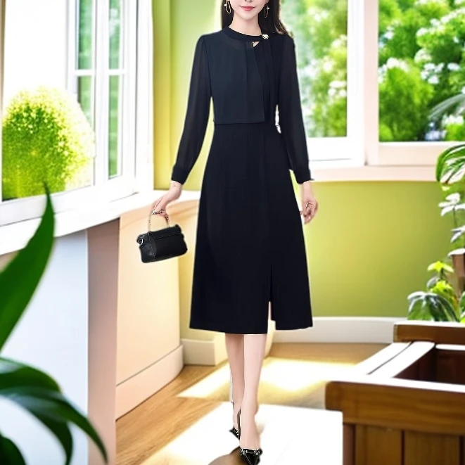 A-10#黑【木兮兮专属】2025年秋新款气质时尚百搭修身中长款连衣裙