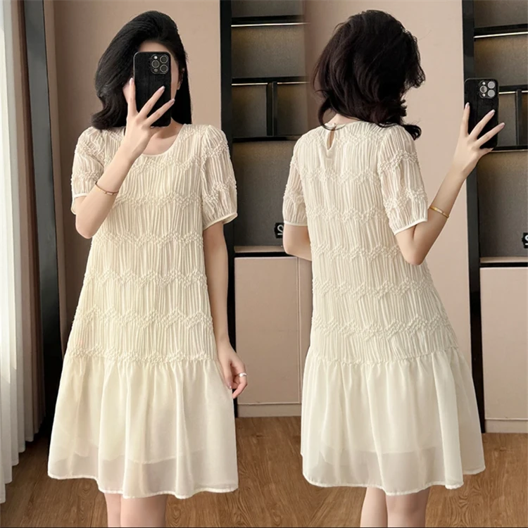 法式小个子短袖褶皱连衣裙女2025夏季新款洋气时尚显瘦气质中长裙